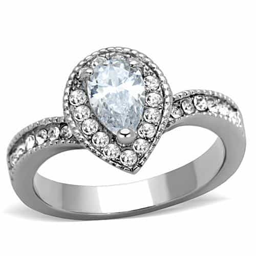 Stainless Steel CZ Pear Pave Halo Chevron Ring view 1