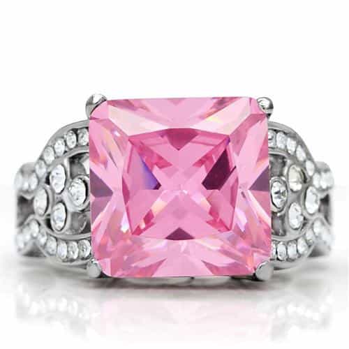 Stainless Steel Pink Princess Crystal CZ Vintage Cocktail Ring view 8