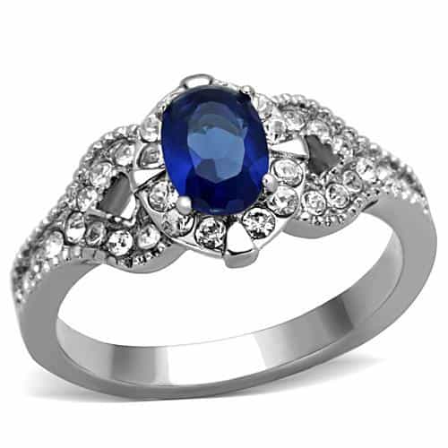 Stainless Steel Blue Sapphire Oval CZ Double Halo Vintage Ring view 1