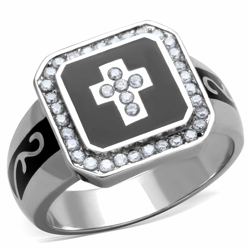 Stainless Steel Cross Black Enamel CZ Square Mens Signet Ring view 1