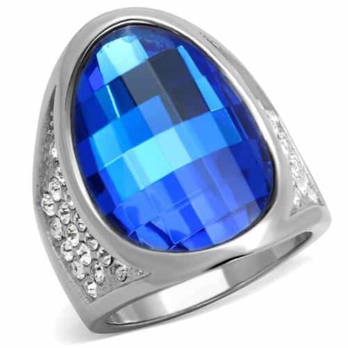 Stainless Steel Blue Sapphire Large Pear Crystal CZ Accent Ring view 1
