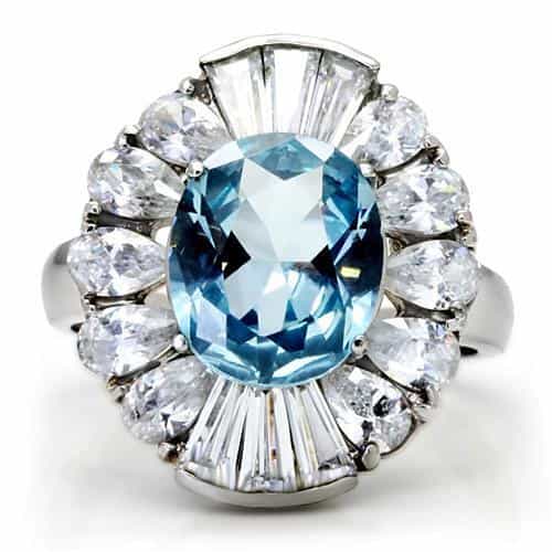 Stainless Steel Aqua Blue Oval Crystal CZ Starburst Halo Ring view 8