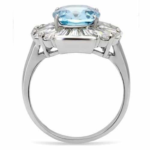 Stainless Steel Aqua Blue Oval Crystal CZ Starburst Halo Ring view 4