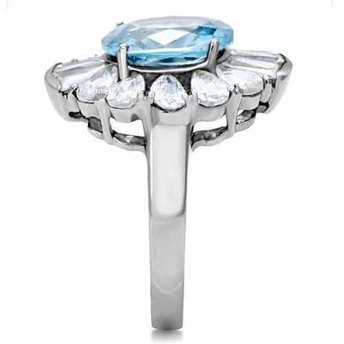 Stainless Steel Aqua Blue Oval Crystal CZ Starburst Halo Ring view 10