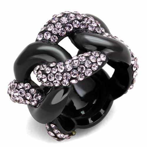 Stainless Steel Black IP Pink Crystal Chain Link Knot Ring view 1