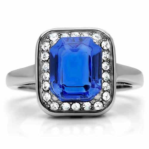 Stainless Steel Blue Sapphire Emerald Cut CZ Halo Ring view 13