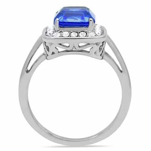 Stainless Steel Blue Sapphire Emerald Cut CZ Halo Ring view 15