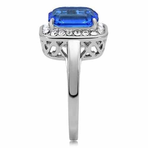 Stainless Steel Blue Sapphire Emerald Cut CZ Halo Ring view 8