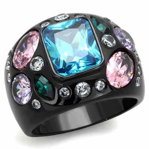 Stainless Steel Black IP Multi Color Crystal Cluster Dome Ring view 5