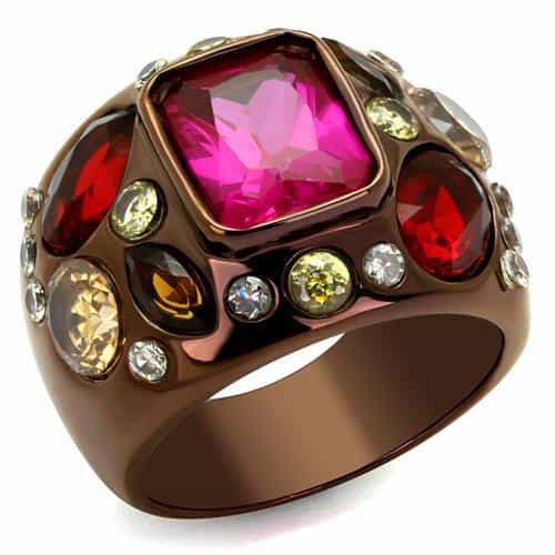 Stainless Steel Brown IP Multi Color Crystal Cluster Dome Ring view 5