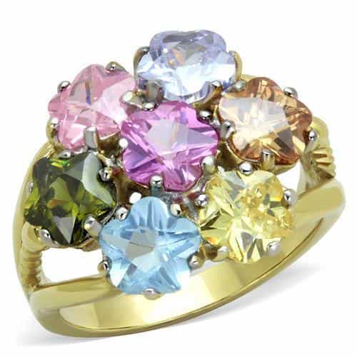 Stainless Steel Gold Multi Color Round Crystal Cluster Ring view 1