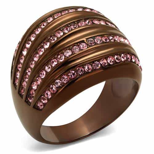 Stainless Steel Brown IP Pink Crystal Pave Diagonal Stripe Ring view 5