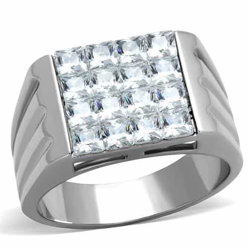 Stainless Steel CZ Princess Grid Large Mens Signet Ring view 5