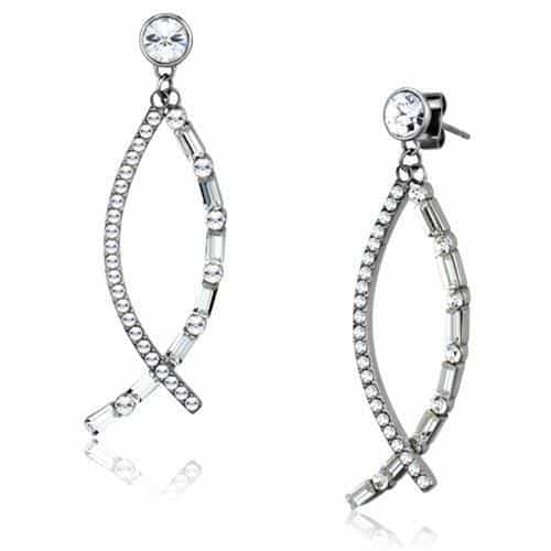 Stainless Steel CZ Baguette Twist Helix Dangle Earrings view 1