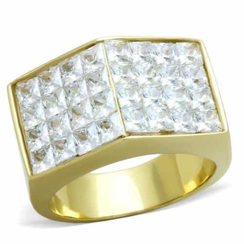 Stainless Steel Gold IP CZ Grid Signet Ring view 5