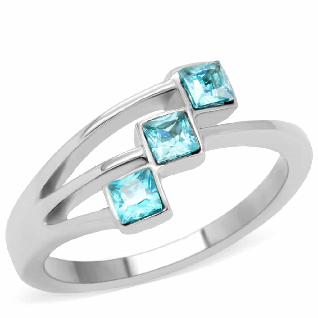Stainless Steel Aqua Blue Double Square Crystal Open Ring view 7