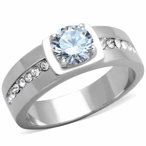 Stainless Steel CZ Round Solitaire Pave Channel Sides Ring view 5