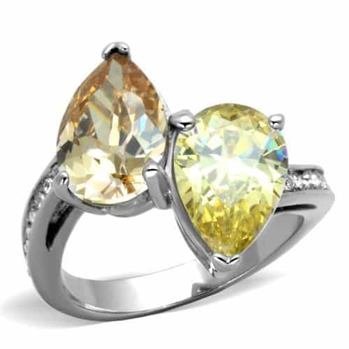Stainless Steel Yellow Citrine Oval Pear Two Stone Bypass Ring view 1