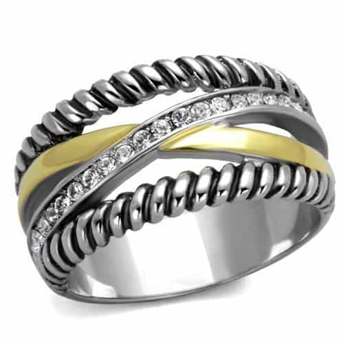 Stainless Steel Black IP Rope Twist Gold CZ Band Ring view 1