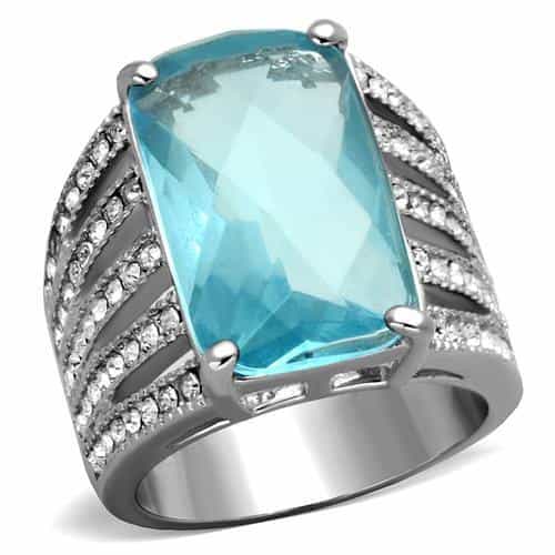 Stainless Steel Aqua Blue Rectangle CZ Pave Diagonal Stripe Ring view 1