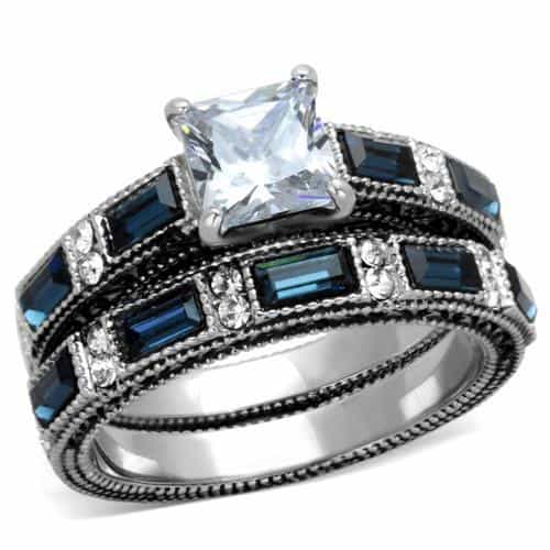 Stainless Steel Princess CZ Blue Sapphire Baguette Triple Ring view 5