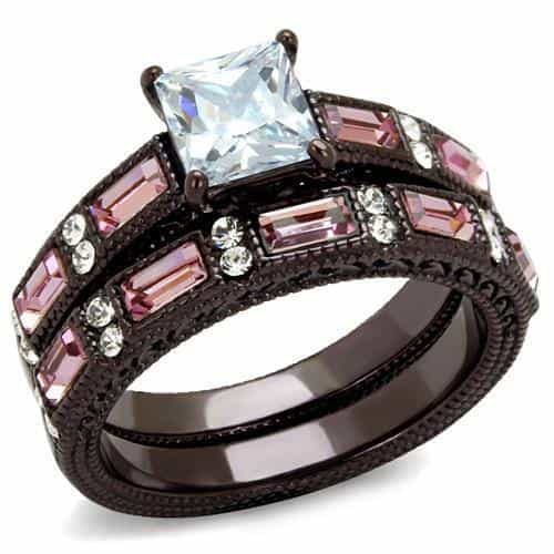 Stainless Steel Princess CZ Pink Baguette Triple Stack Dark Ring view 1