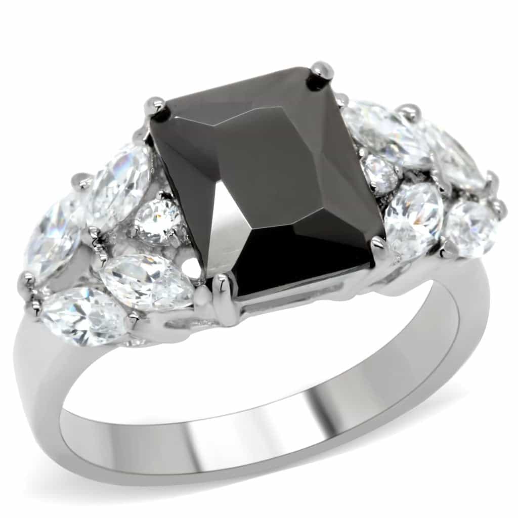 Stainless Steel Black Emerald Cut Clear Marquise Three Stone Ring view 6