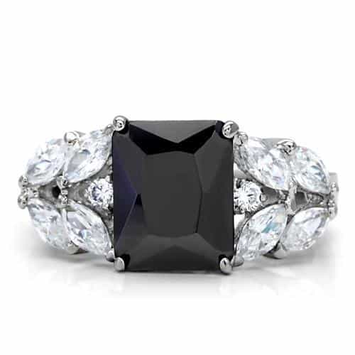 Stainless Steel Black Emerald Cut Clear Marquise Three Stone Ring view 3