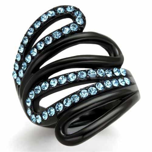 Stainless Steel Light Blue CZ Spiral Coil Black IP Ring view 5