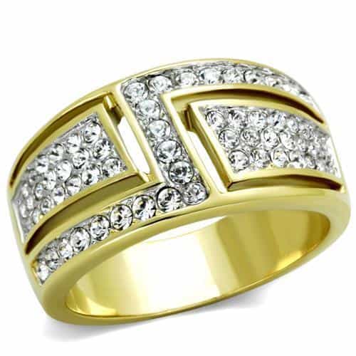 Stainless Steel Gold IP Wide Pave Geometric Panel Ring view 5