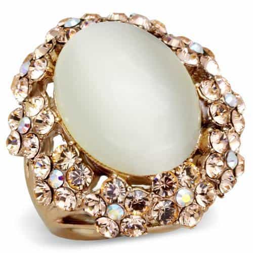 Stainless Steel Rose Gold Oval Cats Eye Crystal Pave Frame Ring view 1
