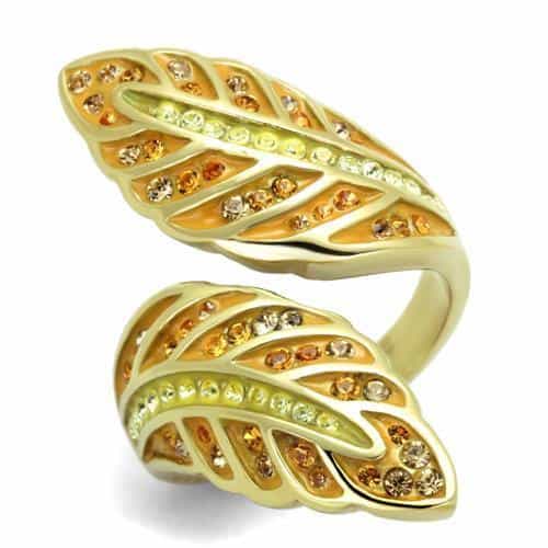 Stainless Steel Gold Crystal Leaf Bypass Ring view 1