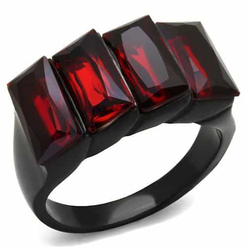 Stainless Steel Dark Red Triple Emerald Cut Ring view 1