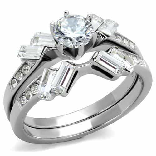 Stainless Steel CZ Baguette Cluster Bridal Set Ring view 1