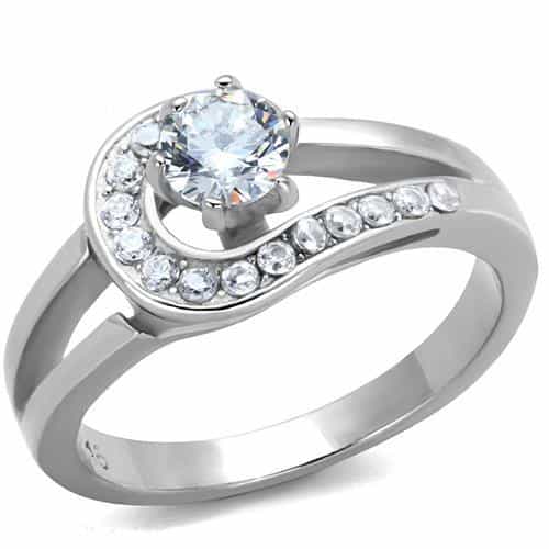 Stainless Steel CZ Round Halo Twist Band Ring view 1