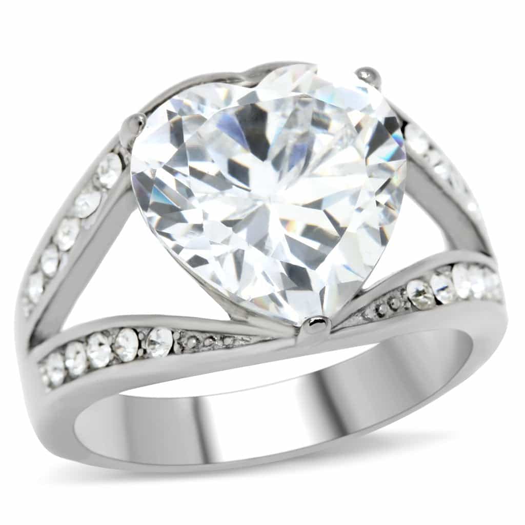 Stainless Steel CZ Heart Solitaire Split Shank Ring view 1