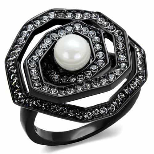 Stainless Steel Pearl Black IP Hexagonal CZ Pave Halo Ring view 1