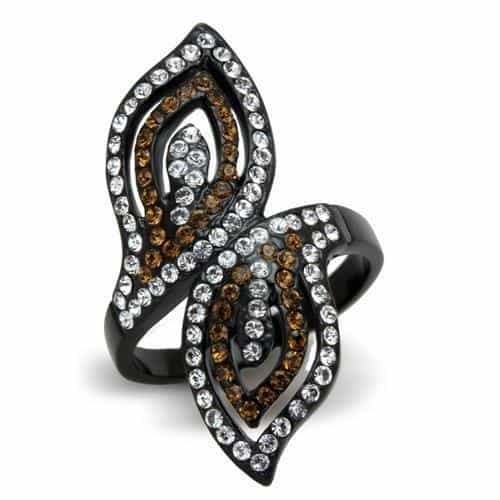 Stainless Steel Black IP Brown Clear CZ Leaf Open Ring view 1