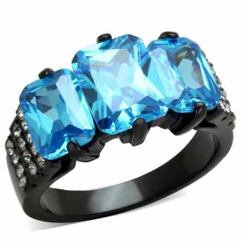 Stainless Steel Blue Topaz Three Stone Black IP Ring view 5