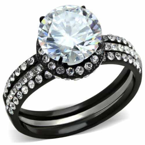 Stainless Steel CZ Halo Pavé Black Bridal Ring view 1