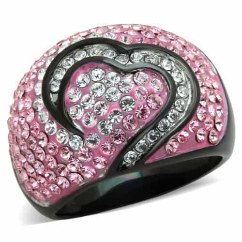 Stainless Steel Pink Crystal Heart Dome Clear CZ Black IP Ring view 5