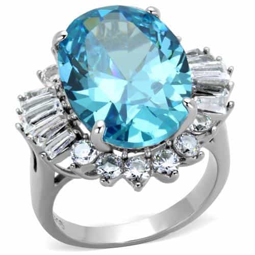 Stainless Steel Aqua Blue Oval CZ Baguette Halo Cocktail Ring view 1
