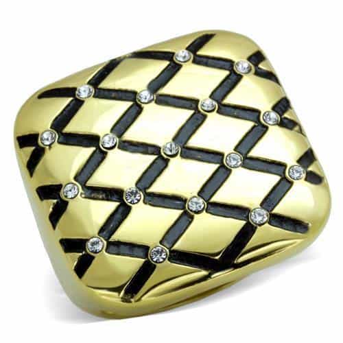 Stainless Steel Gold IP Black Enamel Diamond Lattice CZ Ring view 5