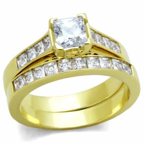 Stainless Steel Gold IP Princess CZ Channel Bridal Set Ring view 5