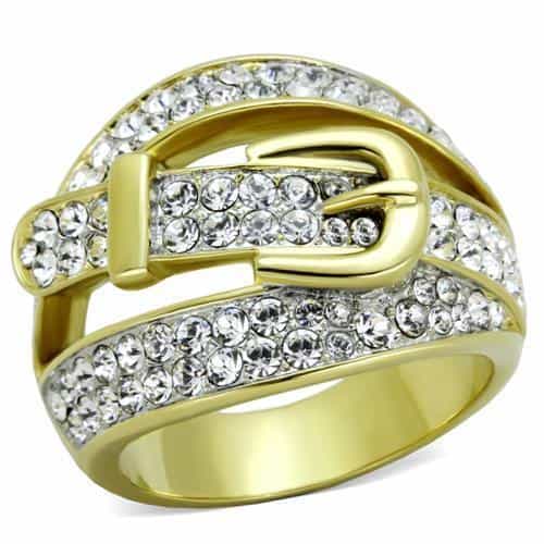 Stainless Steel Gold IP CZ Pave Buckle Belt Wrap Ring view 1