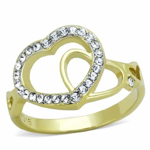 Stainless Steel Gold IP CZ Heart Open Outline Ring view 5