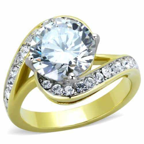 Stainless Steel Gold IP CZ Round Bypass Swirl Ring view 1