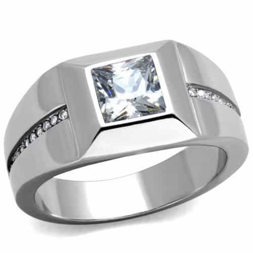 Stainless Steel CZ Princess Bezel Mens Signet Ring view 1