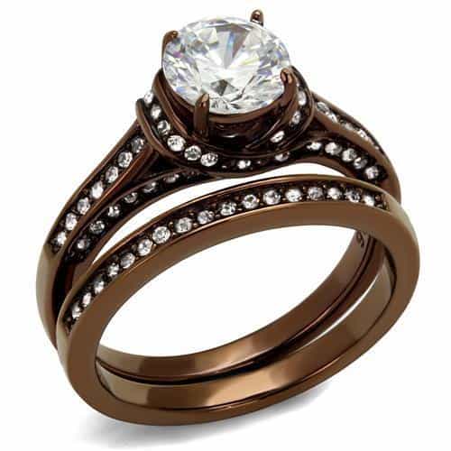 Stainless Steel Coffee IP CZ Round Halo Bridal Set Ring view 6