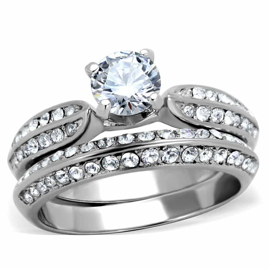 Stainless Steel CZ Wide Pave Three Ring Bridal Set view 5